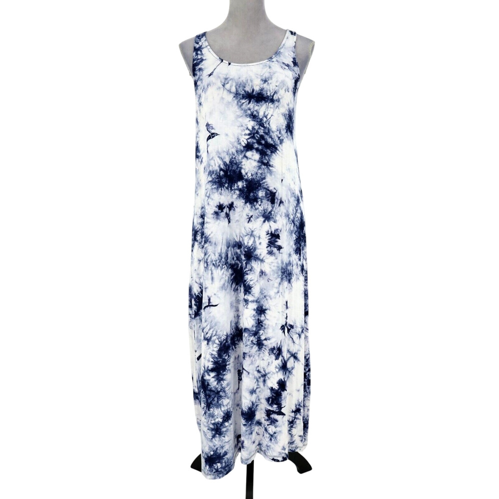 Halston Dress Womens Medium Stretch Knit Maxi Ivory Blue Tie Dye Tank Beach